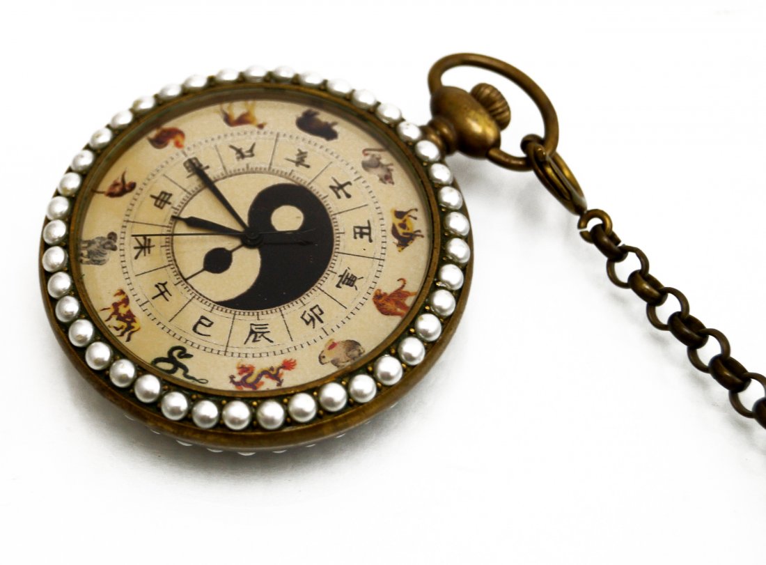 ENAMELED BRASS POCKET WATCH WITH CHINESE YIN/YANG DIAL, (1 of 3)