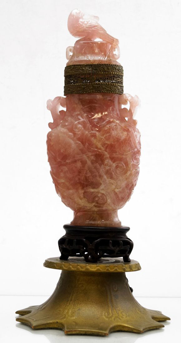 CHINESE CARVED PINK QUARTZ COVERED JAR, FORMERLY (1 of 4)