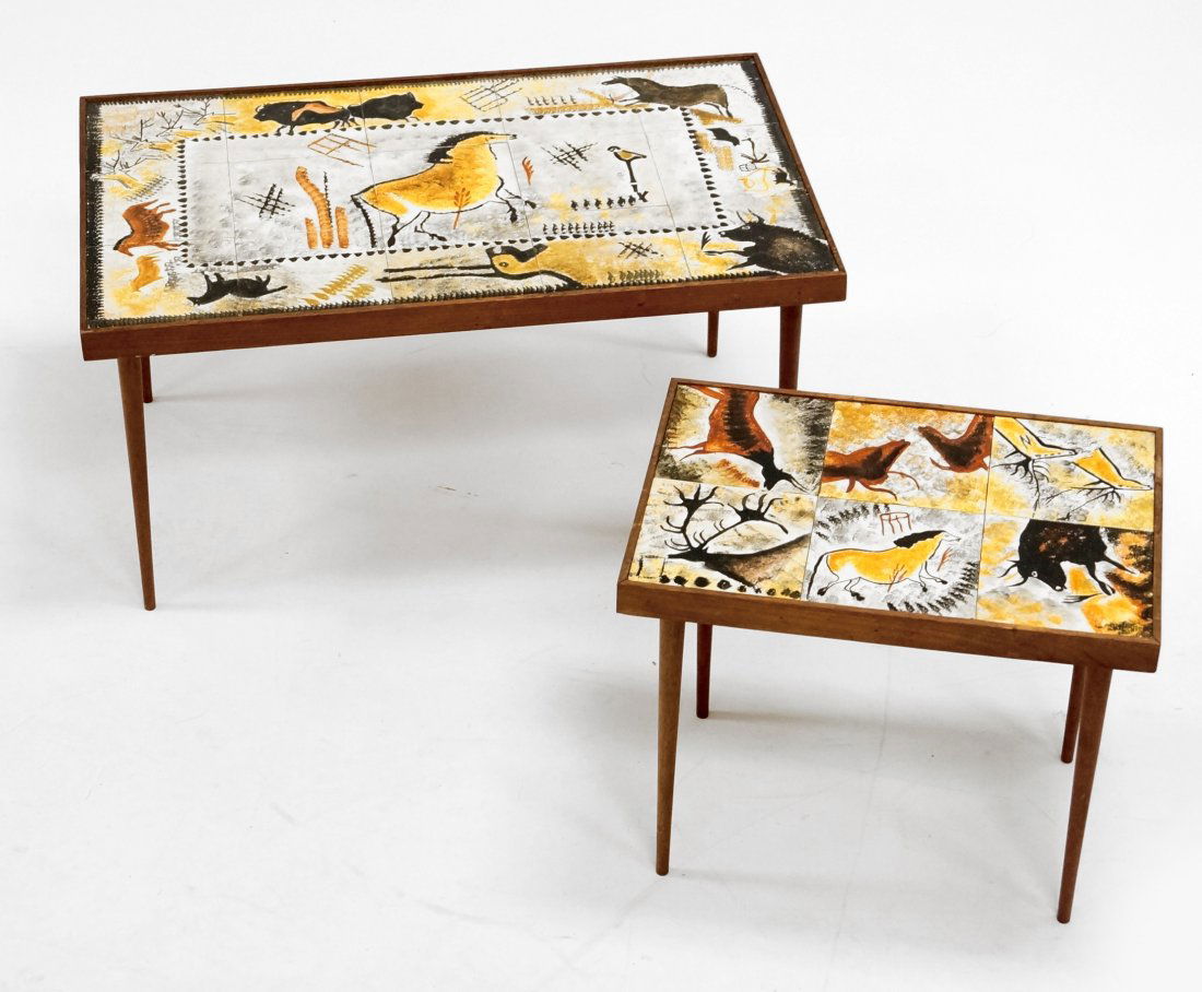 LOT (2) MID-CENTURY DECORATED TILE-TOP TABLES. HEIGHT (1 of 3)