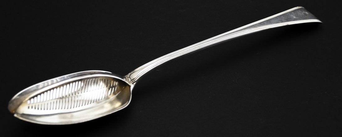 LONDON STERLING STRAINING SPOON, ARMORIAL CREST, SIGNED (1 of 3)