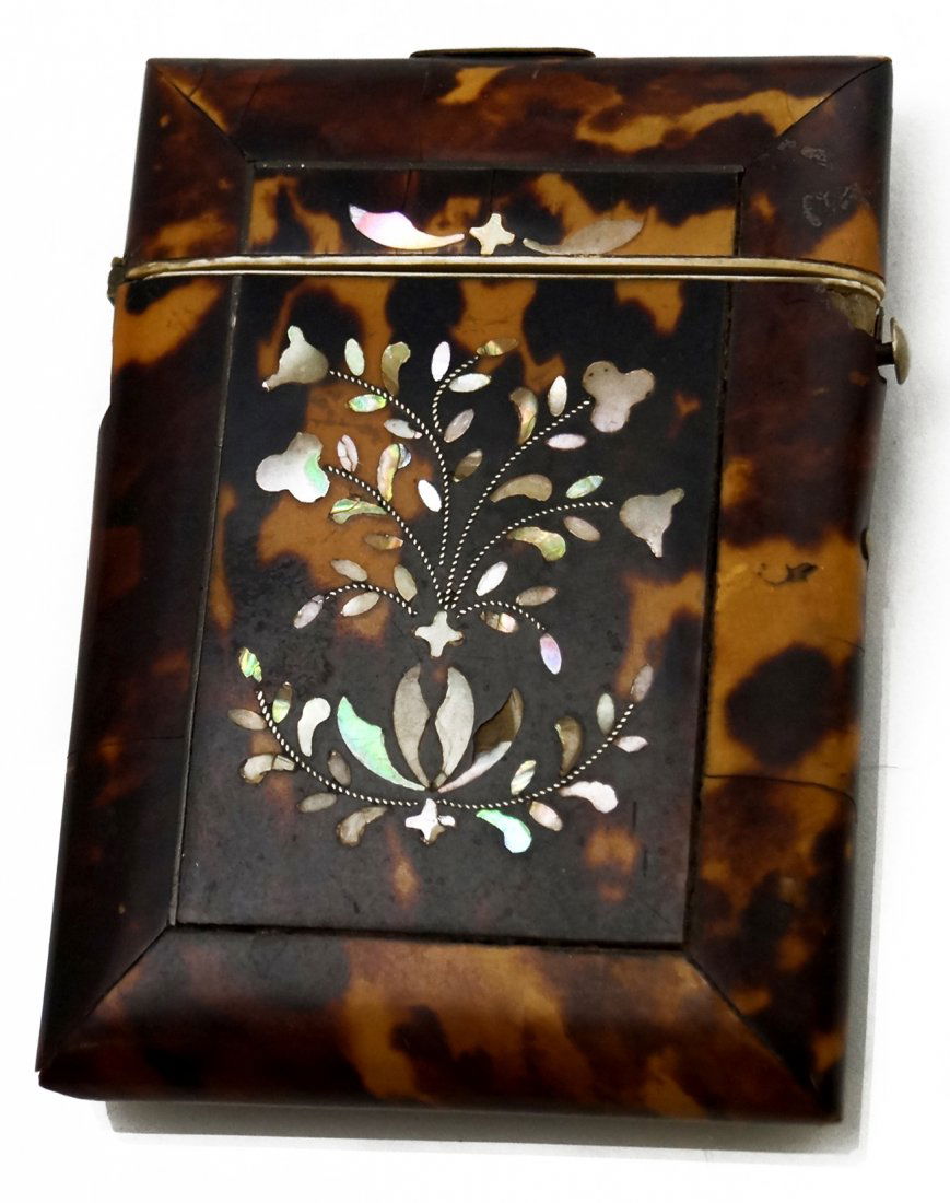 VICTORIAN MOTHER-OF-PEARL INLAID TORTOISE CARD HOLDER. (1 of 3)