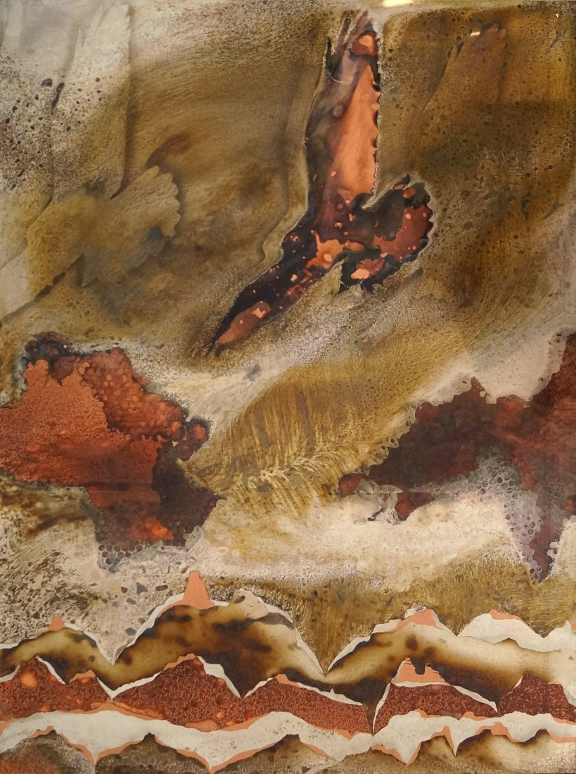 DALE CLARK (AMERICAN 1923-) ELECTRONIC BRUSH/COPPER,: DALE CLARK (AMERICAN 1923-) ELECTRONIC BRUSH/COPPER, EAGLE AND LANDSCAPE, SIGNED '91. FRAMED 48 X 36"