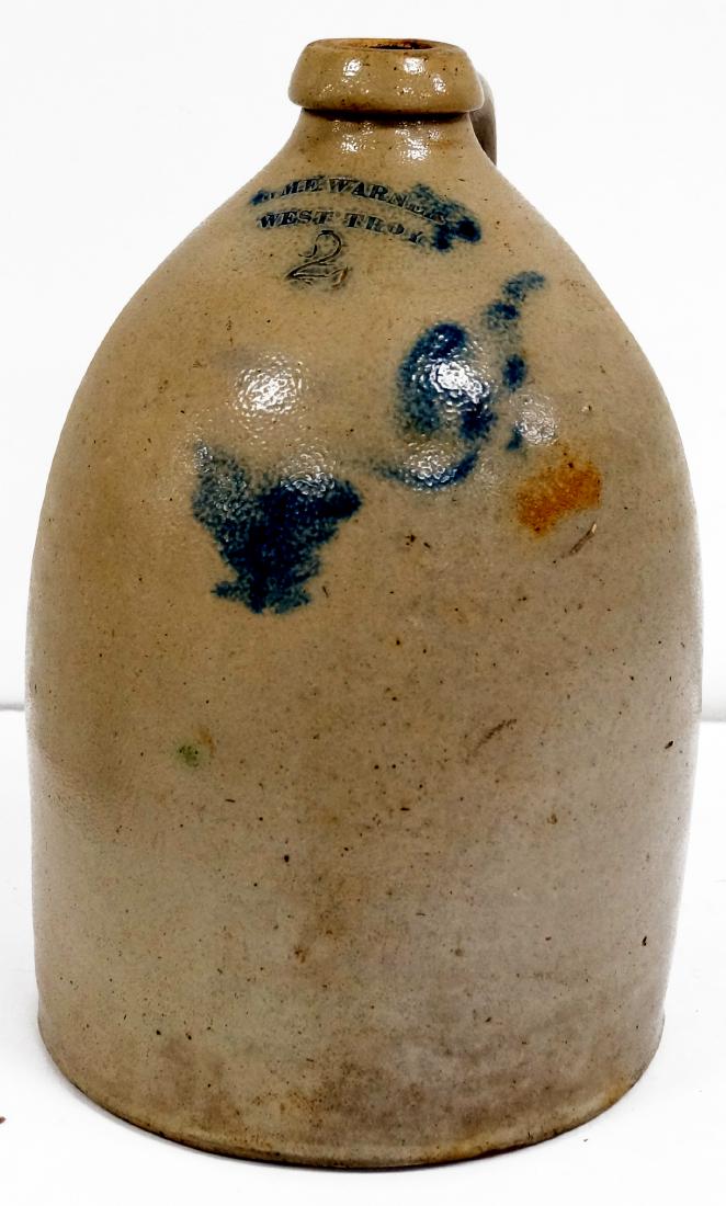 M.E. WARNER, WEST TROY" STONEWARE 2-GALLON JUG WITH (1 of 2)