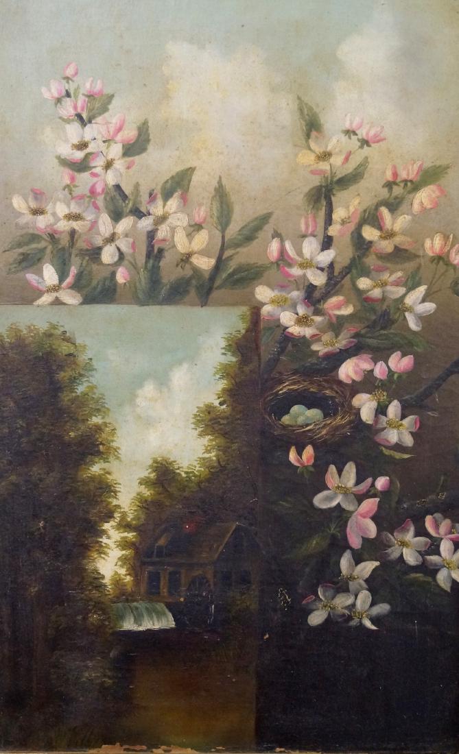 AMERICAN SCHOOL (19/20TH CENTURY), OIL ON CANVAS, WATER: AMERICAN SCHOOL (19/20TH CENTURY), OIL ON CANVAS, WATER MILL AND APPLE BLOSSOMS, UNSIGNED. 10 1/2 X 17"; FRAMED 25 X 17"