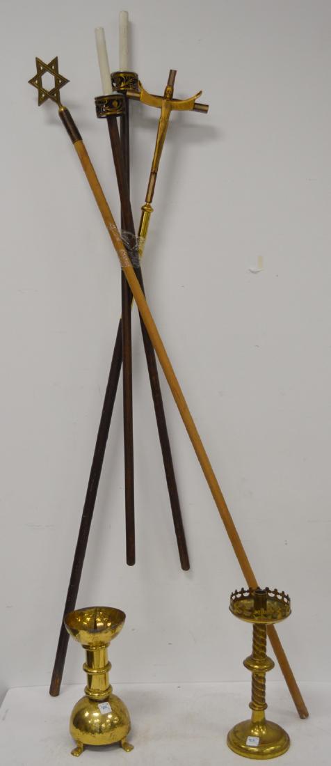 LOT (6) RELIGIOUS CEREMONIAL STAFFS AND BRASS CANDLE (1 of 3)