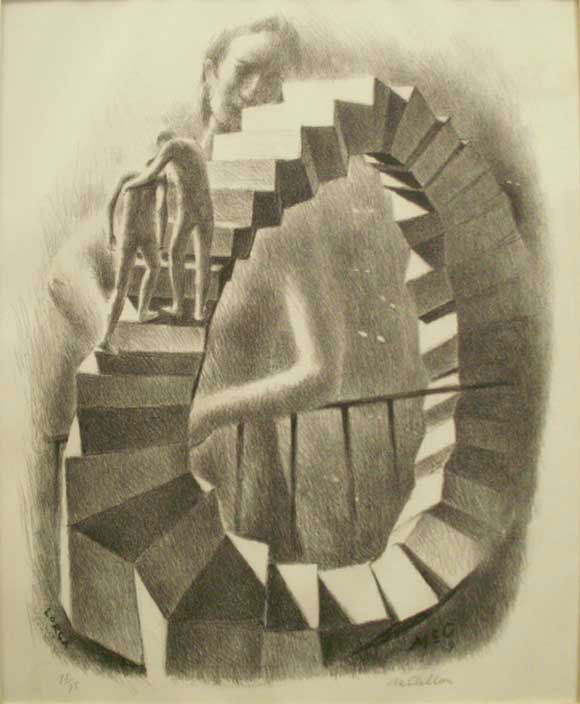 LITHOGRAPH, "IMPOSSIBLE RENDEZVOUS": LITHOGRAPH, "IMPOSSIBLE RENDEZVOUS" (HOMAGE TO LORCA), SIGNED & TITLED MCCLELLAN (JOHN WARD, WOODSTOCK NY, 1908-) #73/75. PLATE 14 X 12"; FRAMED & GLAZED-OVERALL 19 X 17 1/2" PROVENANCE: PARADOX GALLE