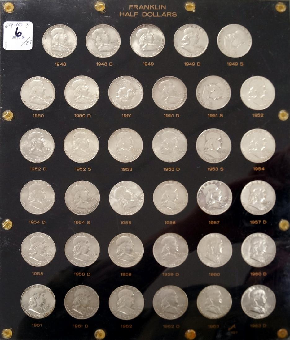 COMPLETE SET (35) FRANKLIN SILVER HALF DOLLAR COINS, (1 of 2)