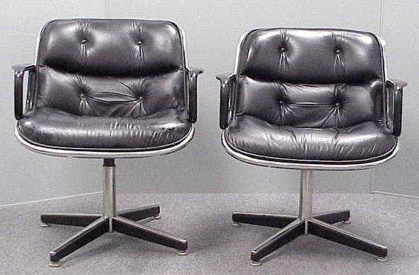 PR CHARLES POLLOCK PLASTIC/ALUMINUM CHAIRS: PAIR CHARLES POLLOCK DESIGN MOLDED PLASTIC/ALUMINUM/ BLACK LEATHER SWIVEL ARMCHAIRS- KNOLL INTERNATIONAL **DUE TO THE SIZE AND/OR FRAGILITY OF THIS LOT, STANDARD IN HOUSE SHIPPING IS NOT AVAILABLE. TH
