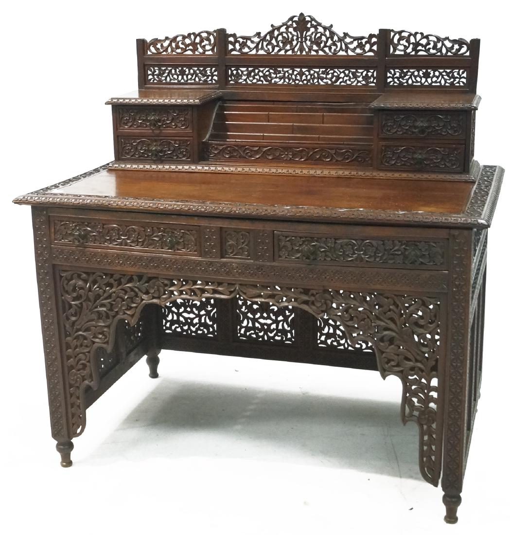ANGLO-INDIAN CARVED TEAK DESK, 19TH CENTURY. HEIGHT 46"; (1 of 1)