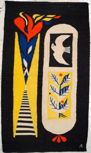 ANTON REFREGIER (RUSSIAN/AMERICAN 1905-1979), WOOL: ANTON REFREGIER (RUSSIAN/AMERICAN 1905-1979), WOOL WOVEN TAPESTRY, DOVES AND LEAVES. 52 X 29"