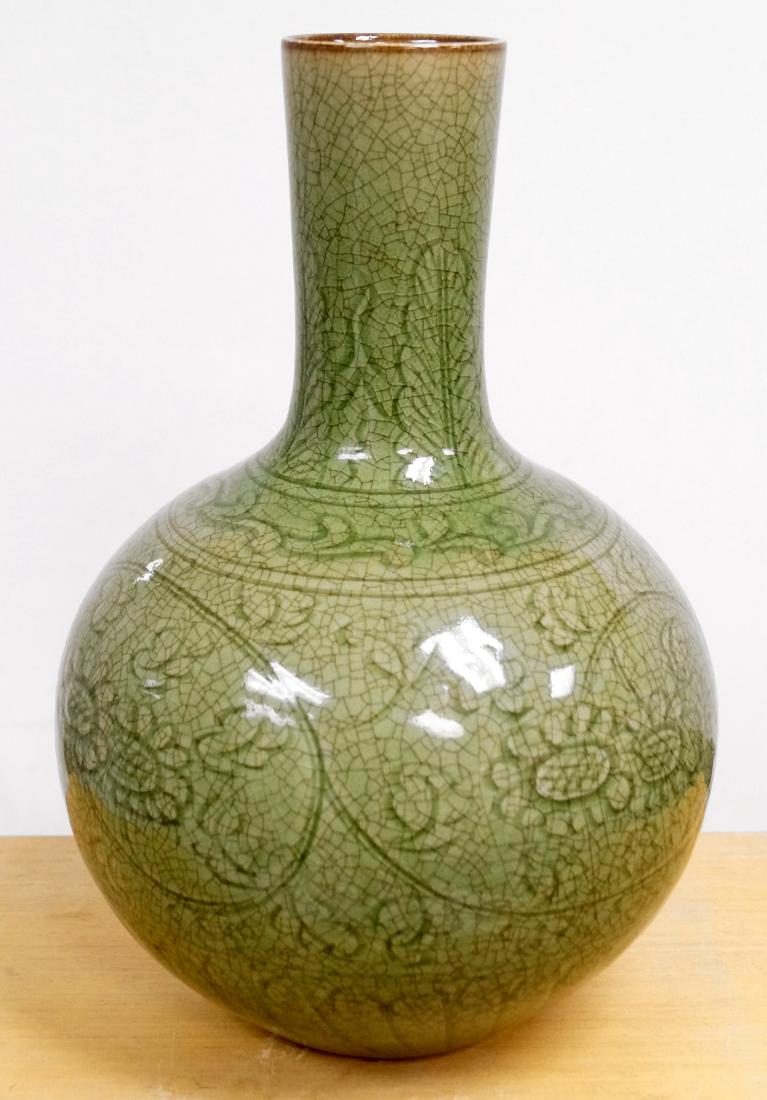 CHINESE INCISED CELADON PORCELAIN BOTTLE VASE. HEIGHT (1 of 2)
