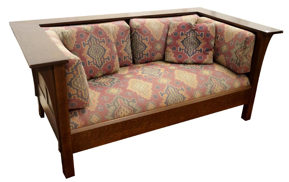 MISSION ARTS AND CRAFTS OAK LOVESEAT WITH CUSTOM: MISSION ARTS AND CRAFTS OAK LOVESEAT WITH CUSTOM UPHOLSTERY, BEARS STICKLEY BRAND AND METAL TAG. HEIGHT 29"; WIDTH 84 1/2"
