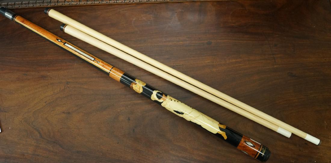 FANCY LONGONI INLAID POOL CUE, SIGNED WITH (2) TIPS. (1 of 3)