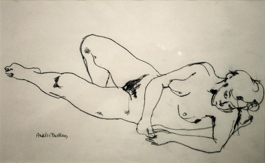 ANDREE RUELLAN (AMERICAN/NY 1905-2006), GRAPHITE ON: ANDREE RUELLAN (AMERICAN/NY 1905-2006), GRAPHITE ON PAPER, STUDY OF RECLINING NUDE, SIGNED. SIGHT 8 X 13"; FRAMED AND GLAZED 15 X 20"