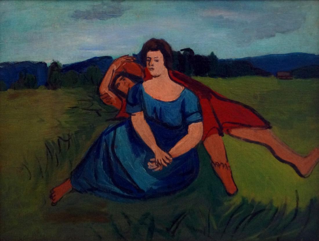 BEN BENN (AMERICAN/RUSSIAN FEDERATION 1884-1983), OIL: BEN BENN (AMERICAN/RUSSIAN FEDERATION 1884-1983), OIL ON MASONITE, TWO GIRLS IN A MEADOW, SIGNED. 22 X 29"; FRAMED 30 X 36 1/2"