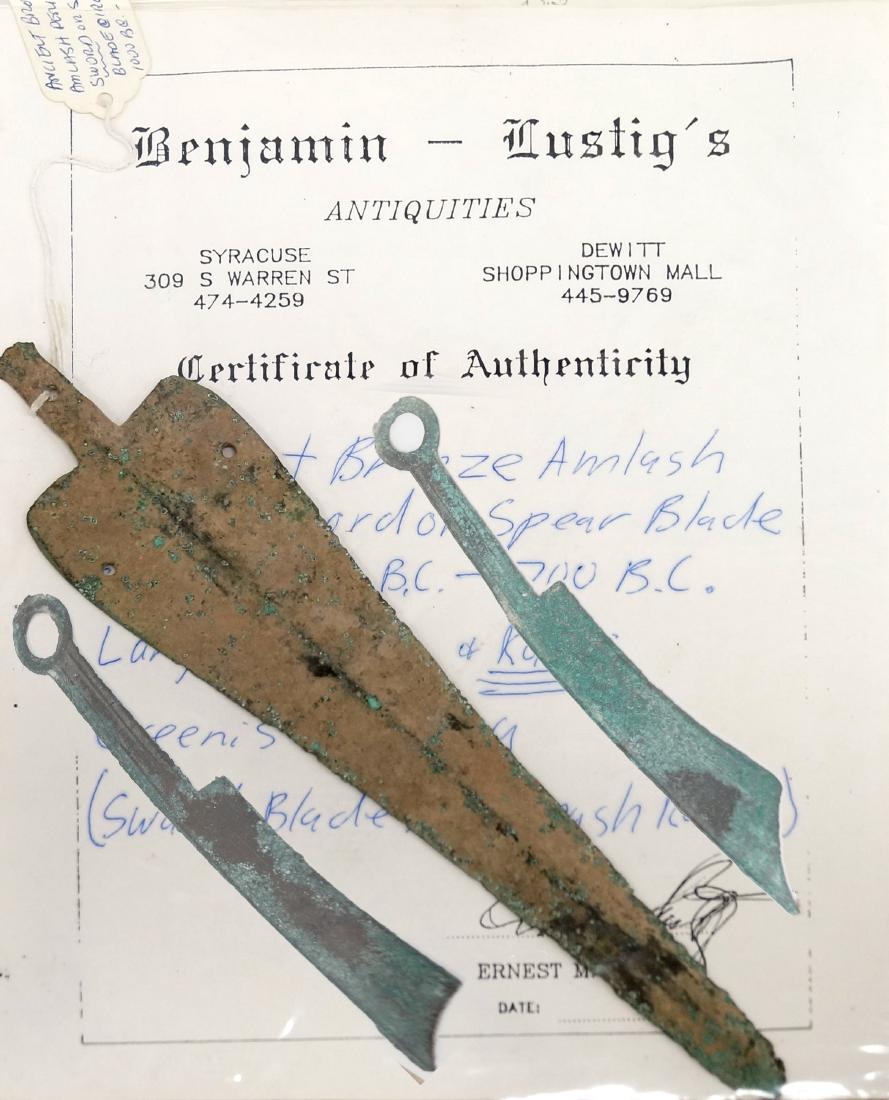 LOT (3) BRONZE INCLUDING LURISTAN KNIFE BLADE,: LOT (3) BRONZE INCLUDING LURISTAN KNIFE BLADE, C.1000-100BC, LENGTH 10 3/8" AND (2) CHINESE KNIFE MONEY, C.400BC, LENGTH 6 1/4"