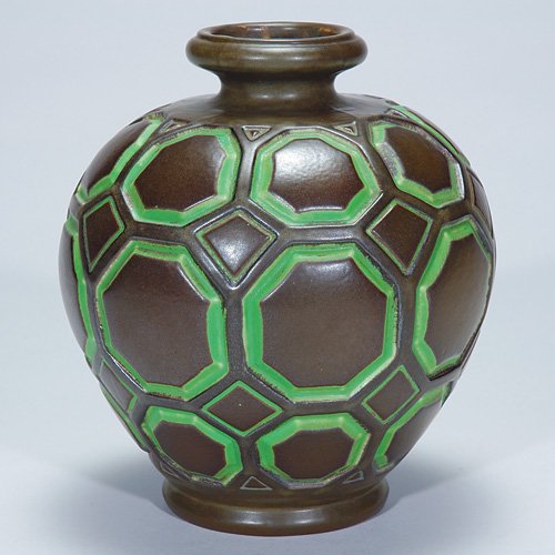 Mougin, Conde' vase, geometric form, 6 7/8": Art Deco vase with repeating octagonal patterns in green and brown, designed by Geo Conde' for Mougin. Impressed "Mougin 279.J" and "Conde' dc" on the bottom. Height 6 7/8 inches. Excellent original c