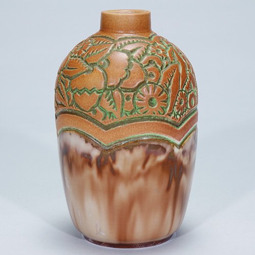 Mougin, Conde' orange - brown vase, 6 7/8": Art Deco vase with repeating floral patterns in a sandy brown, designed by Geo Conde' for Mougin. The lower half of the vase contains classic Mougin crystalline glaze. Impressed "Mougin Nancy 179.J" a