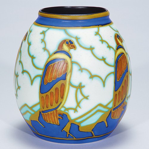 Boch Freres vase, 5 falcons, blue rocks, 7 1/8": Boch Freres earthenware vase with 5 falcons sitting on blue rocks done in matt enamels. Marked with the "Boch Freres Keramis Made in Belgium" blue ink stamp logo, incised shape number 900, K for Kyoto