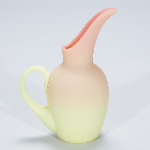 Webb Queens Burmese"duck bill" ewer,: Diminutive Burmese ewer with a"duck bill" spout, rising to a mere 4 3/8 inches. The base is impressed with the"Thomas Webb & Sons, Queens Burmese Ware" circular mark beneath. Adorable piece!