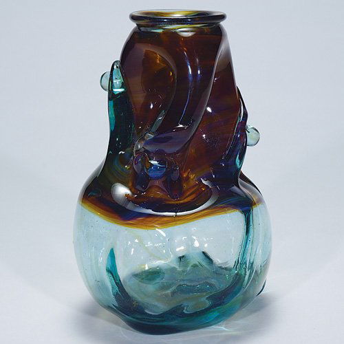 Bramhall sculpture, deep amber/aqua, 8 3/4": Interesting freeform sculpture created by Peter Bramhall in 1971. The organic form of deepest amber, purple and opal blends into the aquatic blue body. Applied and pulled ornaments adds lots of charac