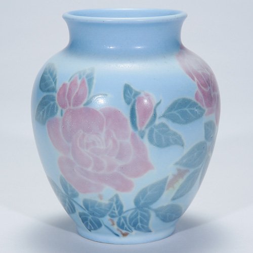 Rookwood 6 1/4" mat vase, roses, Ley, 1945