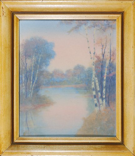 Rookwood plaque, birches, Hurley, 1947, 12x10: Large Vellum glaze plaque showing birch trees around a lake done by E.T. Hurley in 1947. Signed by the artist on the front and marked on the back with the company logo and date and the notation 10 x 1