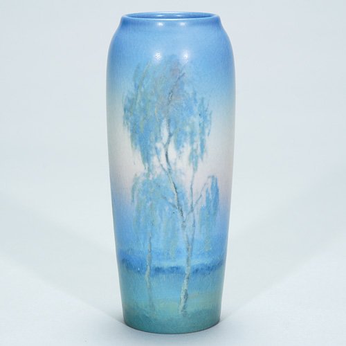 Rookwood Vellum scenic, 1920, Diers, 6 3/8": Scenic Vellum 6 3/8 inch vase showing a landscape dominated by willow trees, the work of Ed Diers in 1920. Marked with the Rookwood logo, the date, shape 951 F, a V for Vellum Glaze and the incised mo