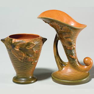 Bushberry vases in orange, shape 28-4" and 153-6": Two Bushberry vases in orange, shapes 28-4" and 153-6". Raised marks. Average mold, glaze and color.