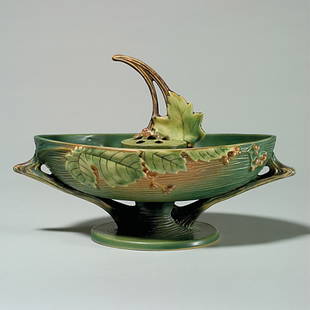 2 Roseville Bushberry, green: bowl, 1-10", with frog: Green Bushberry set with raised marks: bowl, 1-10" and flower frog, shape 45. The bowl, 4 1/4 inches tall has a good glaze on crisp pattern. The frog, 4 7/8 inches has good color on soft mold.