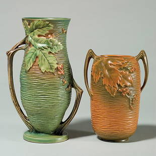 2 Rv Bushberry vases, green 37-10" + 31-7": Two Bushberry with raised marks: Green vase, shape 37-10". Height 10 1/2 inches. Spider lines below base. Crisp mold, good color. Russet vase, shape 31-7". Height 7 1/4 inches. Good color and mold.