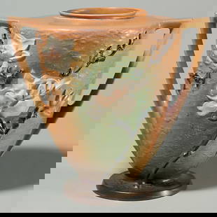 Roseville Magnolia vase, 94-9", brown, 9", pattern: Magnolia vase, shape 94-9" in brown with raised marks. Height 9 inches. Pattern chips. Crisp mold, good color.