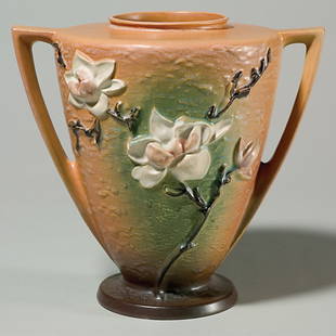 Roseville Magnolia vase, 94-9", brown, 9", pattern: Magnolia vase, shape 94-9" in brown with raised marks. Height 9 inches. Pattern chips. Crisp mold, good color.