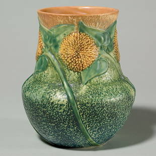 Roseville Sunflower vase, 8 1/4", repaired rim: Roseville sunflower vase, 8 1/4 inches in height. Shape 490-8". Unmarked. Good mold and colors. Small repair to the rim.