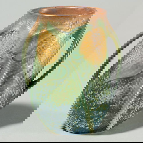 Roseville Sunflower 5 1/8" vase, two handles.: Roseville Sunflower vase, 5 1/8 inches, with two graceful handles. Unmarked.