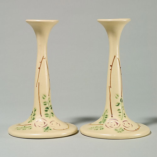 2 Roseville Velmoss Scroll candle holders, 1044-8"
