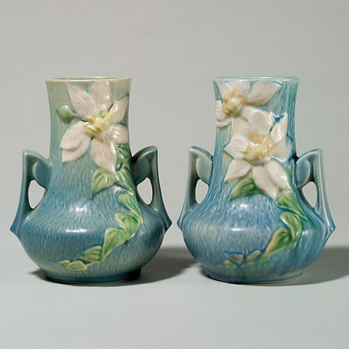 Roseville 2 blue Clematis vases, 106-7"