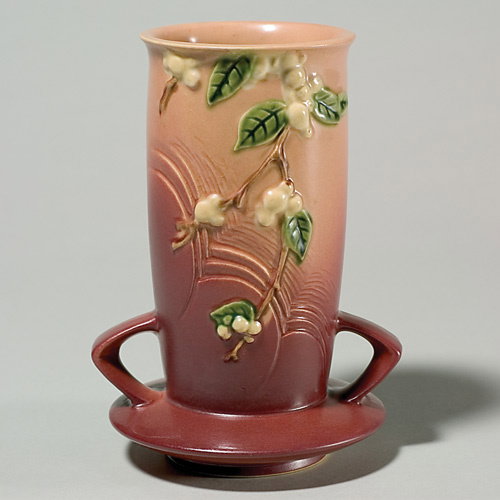 Roseville pink Snowberry vase, shape IVI-8"