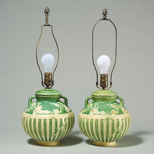 Pair of Roseville rare green Cherry Blossom lamps