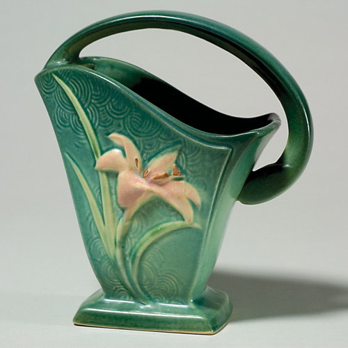 Roseville green Lily basket, shape 394-8, 8 1/4"