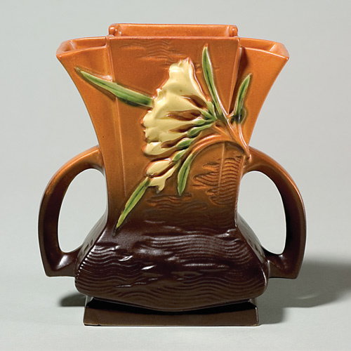 Roseville brown Freesia 7" vase, chips.