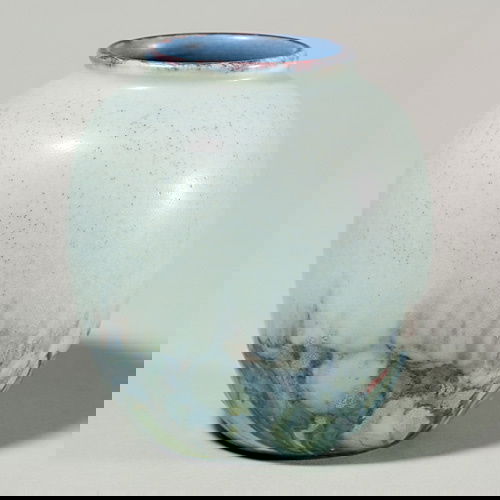 Rookwood mat floral, Pullman, 1930, 6183 F, 4 1/2: Decorated mat glaze 4 1/2 inch vase, decorated by John Wesley Pullman in 1930 with Oriental style flowers on a blue-gray ground and accented with blues and reds at the mouth of the vase. Marks include