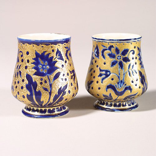 Pair of Zsolnay vases, blue & gold, ca