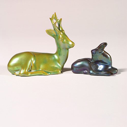 Two Zsolnay animals, blue fawn + green