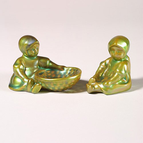 Two Zsolnay Eosin children, green, 2 3/