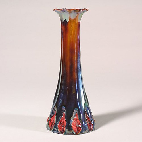 Zsolnay vase, metallic glaze, red leave
