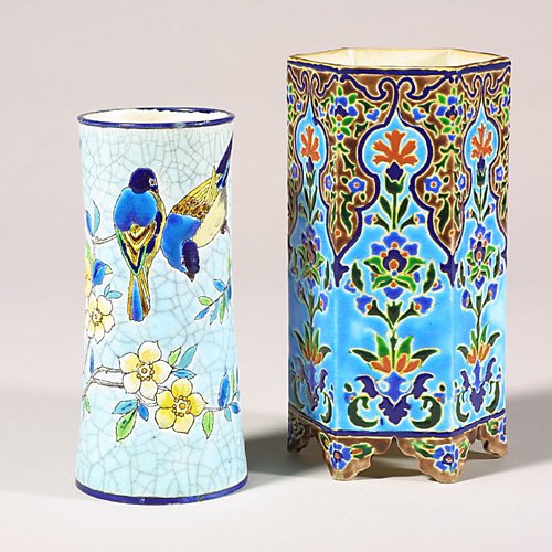 Two Longwy vases, floral, 8" and bird
