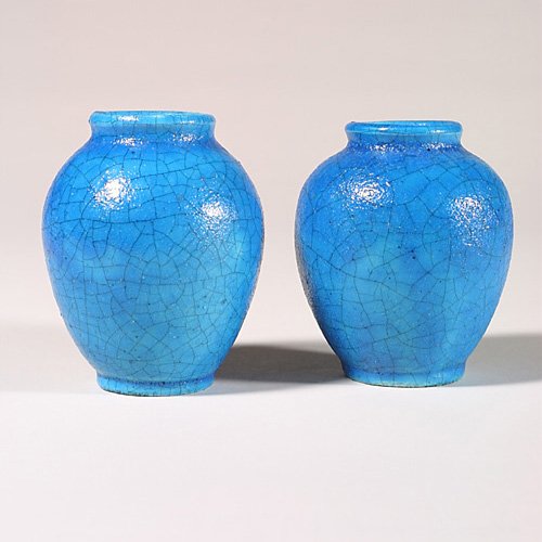 Pair of Lachenal blue vases , 4 1/2 and: Pair of Lachenal vases covered in a Theodore Deck-like blue semi-gloss crackle glaze. Both are marked "France Lachenal" in black slip. Height of one is 4 1/4 inches while the other is 4 1/2 inches.