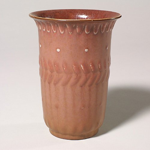 Rookwood red mat vase, patterns, Barret: Elizabeth Barrett red crystalline mat glaze vase from 1944 decorated with chevrons and patterns done by slip trailing. Marks include the Rookwood logo, the date, shape number 6306, a wheel ground line
