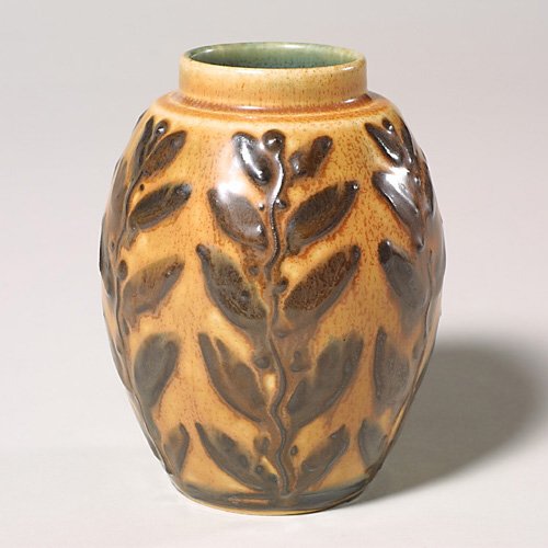 Rookwood mat vase, slip trail leaves, B: Decorated Mat glaze vase with Art Deco leaves applied by slip trailing, the work of Elizabeth Barrett in 1928. Marks include the Rookwood logo, the date, shape number 365 and the incised monogram of t